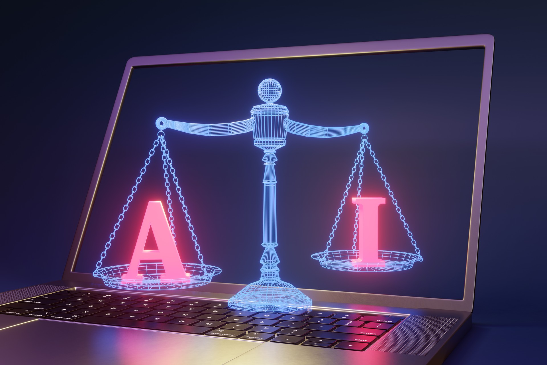 Blue neon glowing weight balance scale holding red alphabet AI on a silver laptop. Illustration of the concept of legislation and regulations of artificial intelligence act and laws